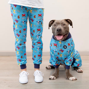 Pitpull Dog Wearing Matching Super Hero Pajamas made by Pittie Clothing Co.