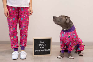 Pitbull Dog Wearing Matching Pajamas by Pittie Clothing with Owner