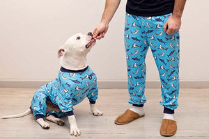 Pitbull Dog Wearing Matching Blue Shark Pajamas by Pittie Clothing with Owner