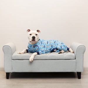 Pit bull wearing Shark Pajamas